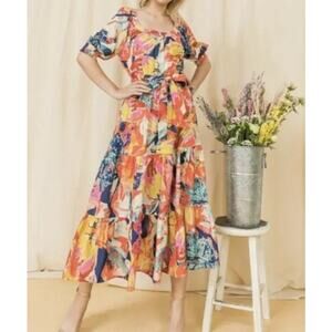 Flying Tomato Orange Colorful Abstract Retro Sun Dress Midi Length M